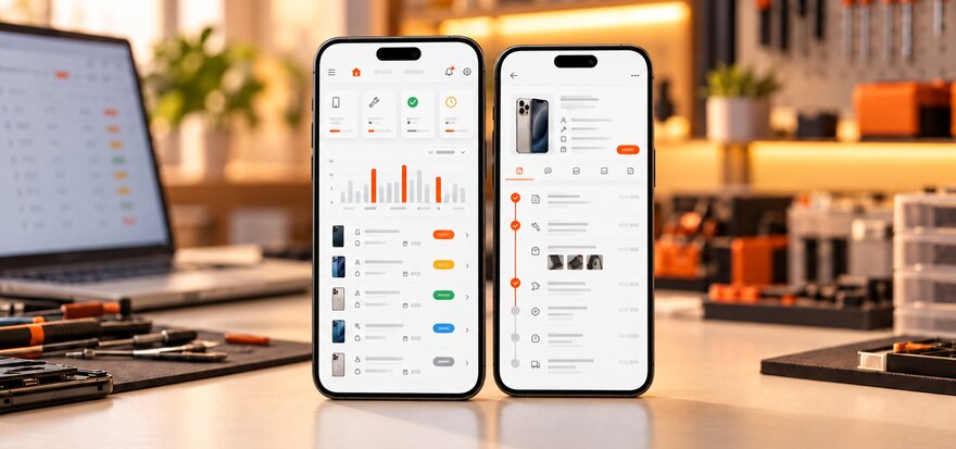 修理受付アプリを表示した2台のスマートフォン
